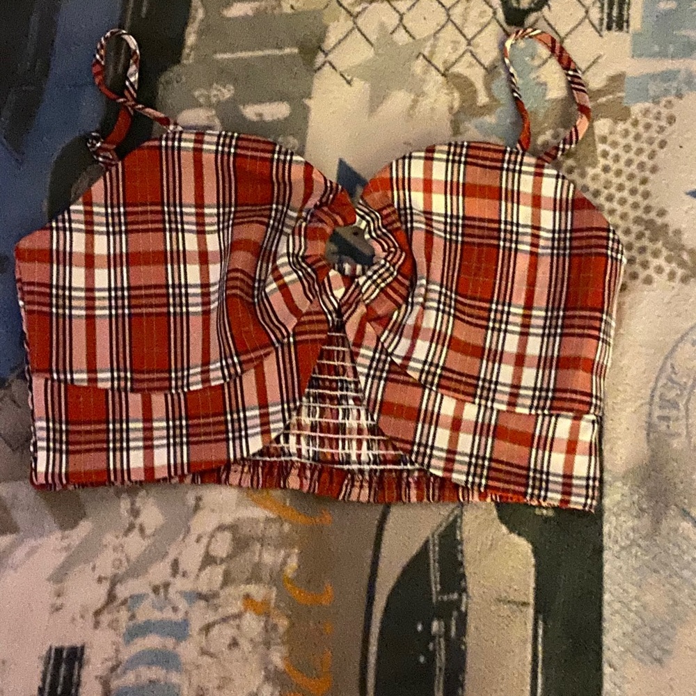 red plaid top
